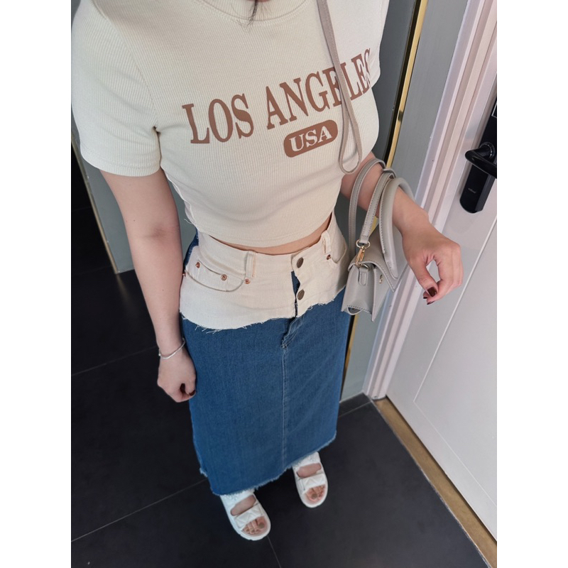 SET CROP CHỮ CHÂN VÁY MIDI JEAN PHỐI EO