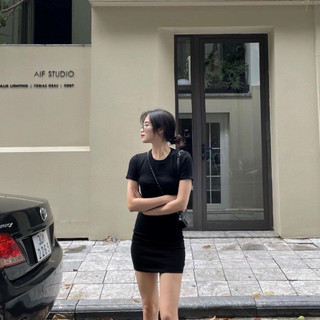 Váy body cổ tròn basic nữ chất thun gân