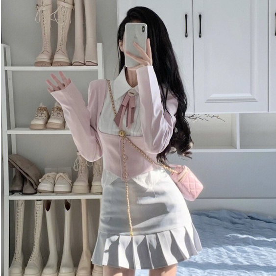 Set áo sơmi croptop kiểu dài tay layer vest hồng đáng yêu + chân váy ngắn thời trang nữ sinh Hàn Quốc