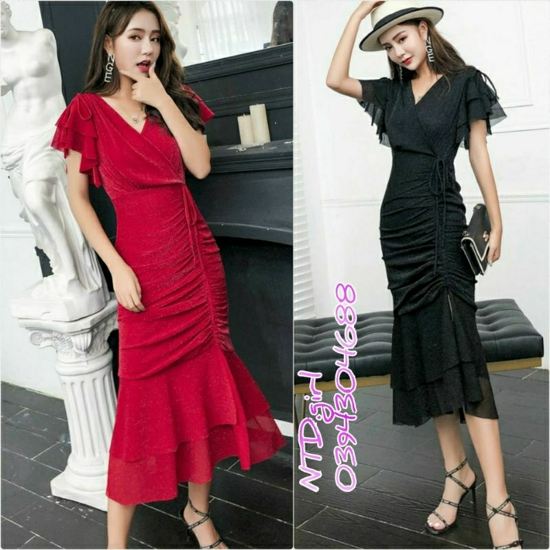 Hàng nhập - Đầm dáng ôm thun kim tuyến đuôi cá nhíu thun eo, váy dự tiệc cổ V tay cánh tiên xẻ tà