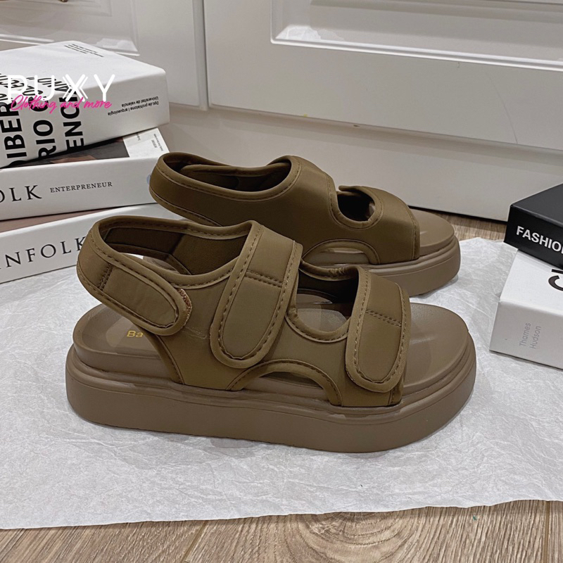 Xăng Đan Nữ 2 Quai Dán Vải Chống Thấm Nước Đế Cao Su 3cm Ruxy Đen_Nâu  G98180