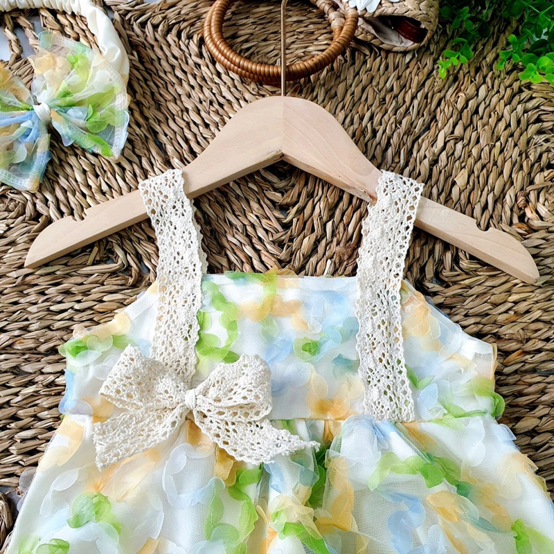 Body Hoa Nổi Màu Xanh Phối Ren NHÍM XÙ KIDS Cho Bé Gái Sơ Sinh, Đầy Tháng, Thôi Nôi B056