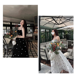 Set maxi cúp ngực phom xoè vải dập hoa