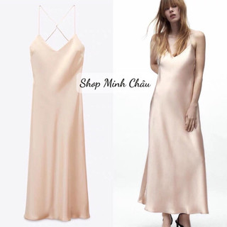 (Sẵn)Váy lụa 2 dây midi hở lưng mầu hồng Zarrraa