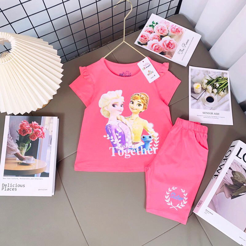 Bộ cotton in hình Elsa & Anna cho bé gái dáng quần legging lửng , tay phối bèo cánh tiên siêu yêu sz 10-22kg