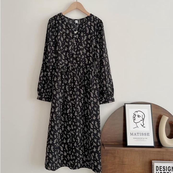 Đầm/Váy babydoll dáng dài hoa cỏ màu be Vintage style - Momiji Store