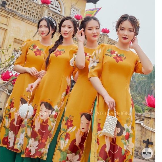 Áo dài cách tân in hình cô gái 4 tà tơ óng cao cấp kèm quần giá sỉ
