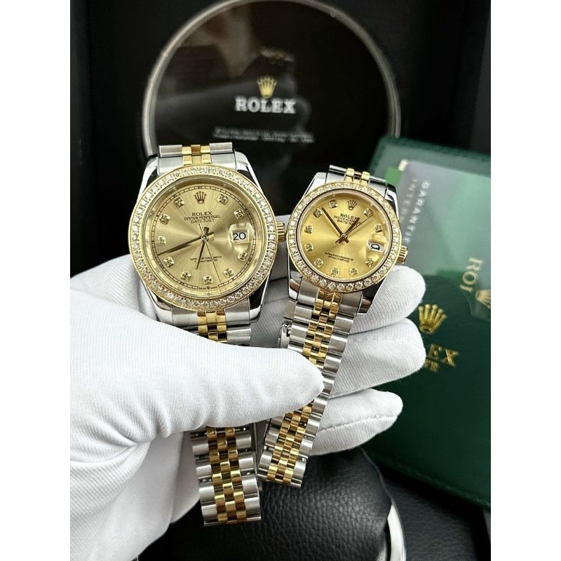 Đồng hồ đeo tay nam nữ, đồng hồ cặp đôi Rolex máy cơ Automatic size nữ 32mm, nam 41mm, kính Saphire, viền kim cương