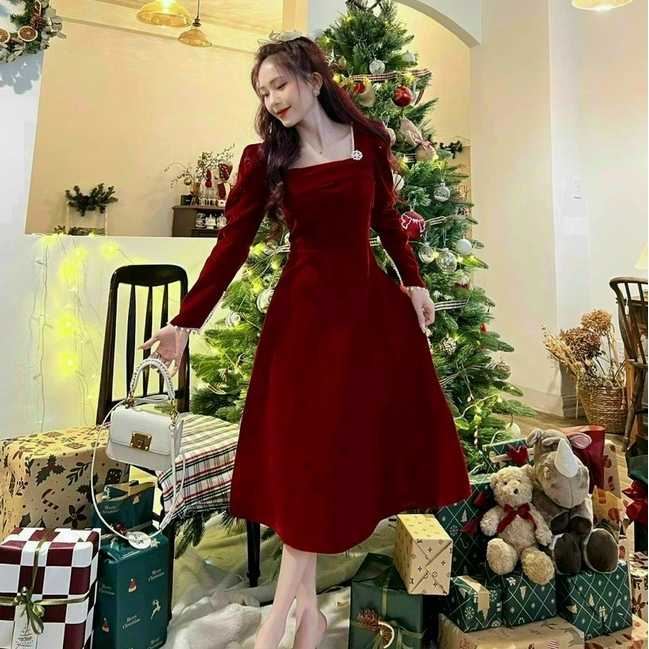 Đầm váy nữ dạ hội tay dài cổ vuông dáng xòe thiết kế vải nhung cổ vuông tay dài dáng xoè maxi tôn dáng trẻ trung
