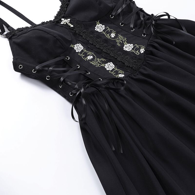 Váy hai dây dáng đầm ngắn xoè thêu hoa hồng thắt giả corset phong cách Gothic Dark FOOTMADE