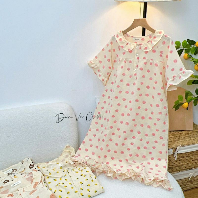 [Hình Thật] Đầm ngủ nữ chất đũi xốp/ đũi gân viền bèo tiều thư hoạ tiết cute | BigBuy360 - bigbuy360.vn