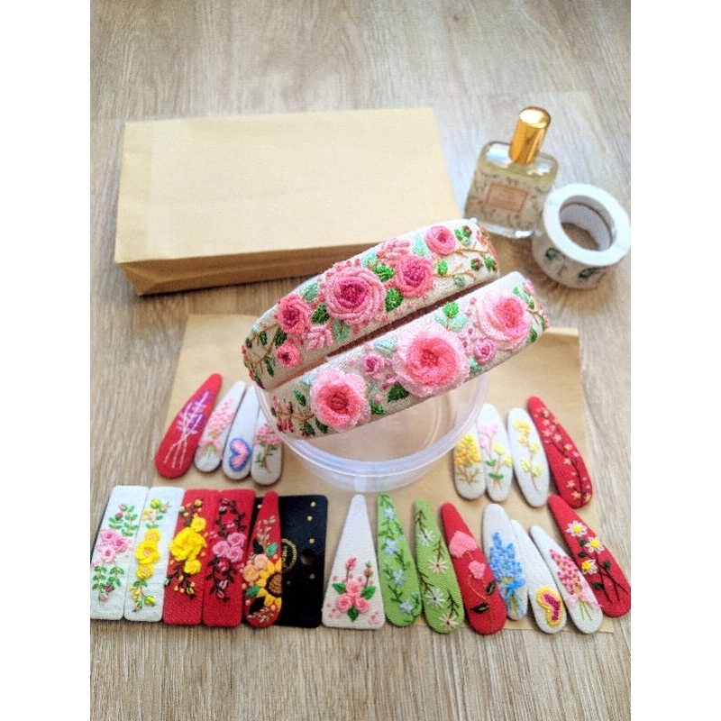 Bờm tóc cài tóc thêu tay handmade hoa hồng nổi phong cách HQ