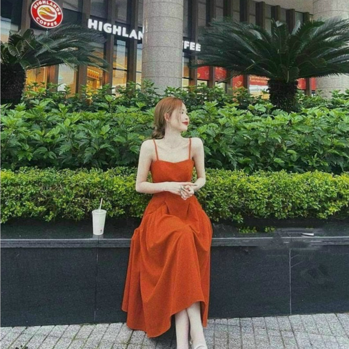 Đầm thời trang nữ cổ dây cot mút thời trang nữ sang chảnh dự tiệc chất lụa dáng váy xoè maxi cam tươi sáng trẻ trung