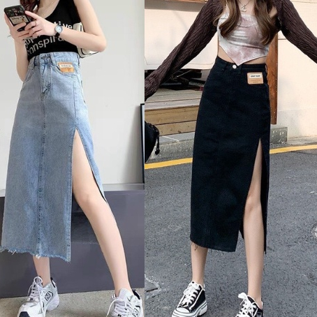 Chân Váy Jeans Xẻ Tà Mác Da, Chân Váy Bút Chì Kiểu Dáng Hàn Quốc, Năng Động Trẻ Trung