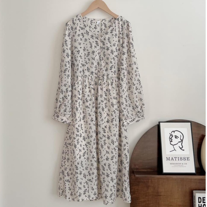 Đầm/Váy babydoll dáng dài hoa cỏ màu be Vintage style - Momiji Store