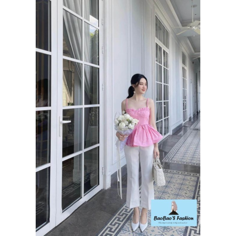 Set áo hồng 2 dây mix quần trắng trẻ trung