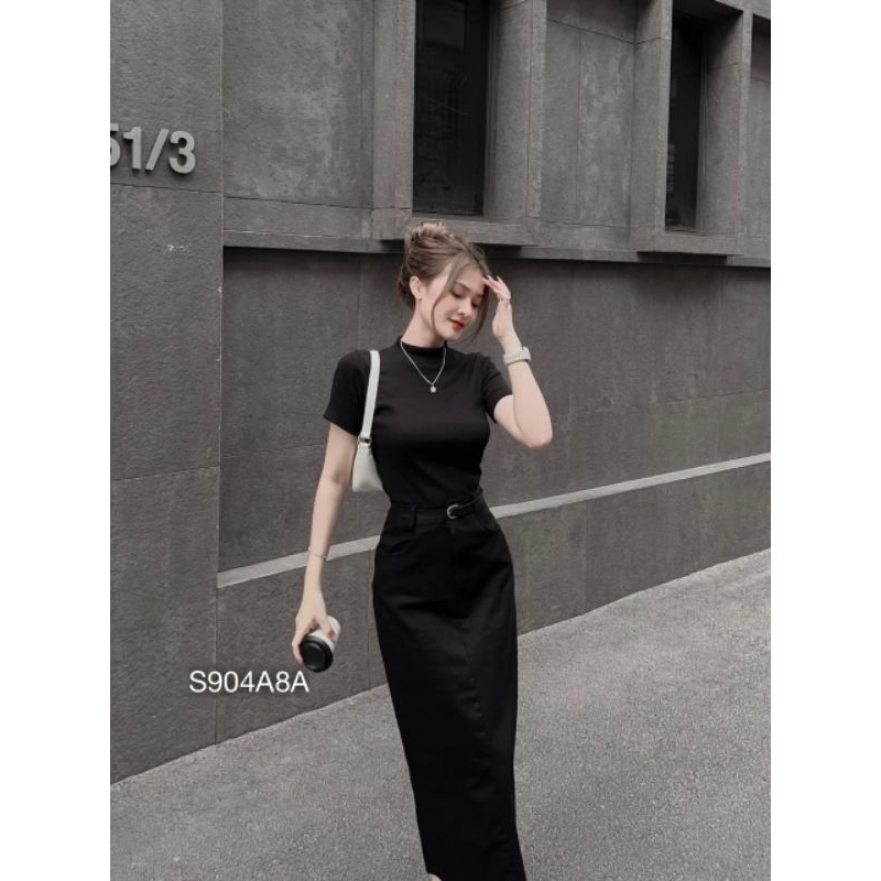 Set áo thun tăm mix chân váy midi dáng dài kèm thắt lưng siêu hot ,set bộ váy công sở dự tiệc BEBEDOLL
