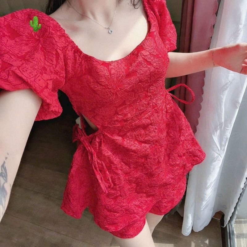 Sét bộ gấm nơ eo cao cấp tay phồng nhẹ tinh tế ( BC)