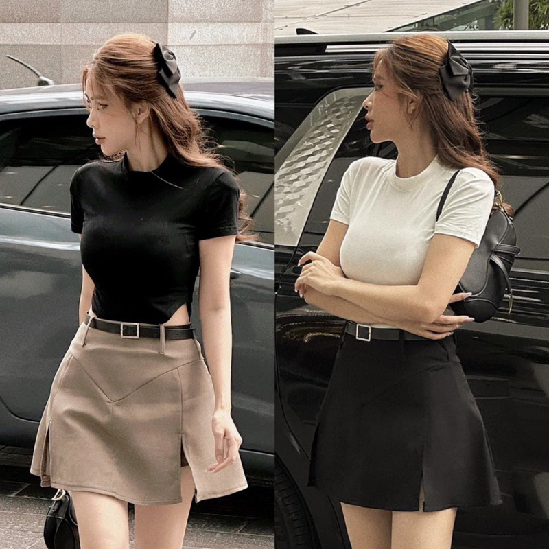 SET ÁO CROPTOP LAI BẦU TRẮNG ĐEN KÈM CHÂN VÁY NUDE PHỐI BELT