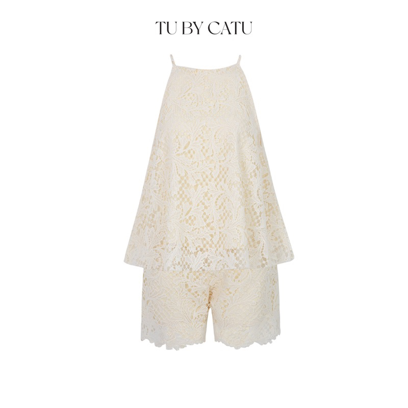 TUBYCATU | Set áo yếm + quần short chất liệu ren hoa màu kem
