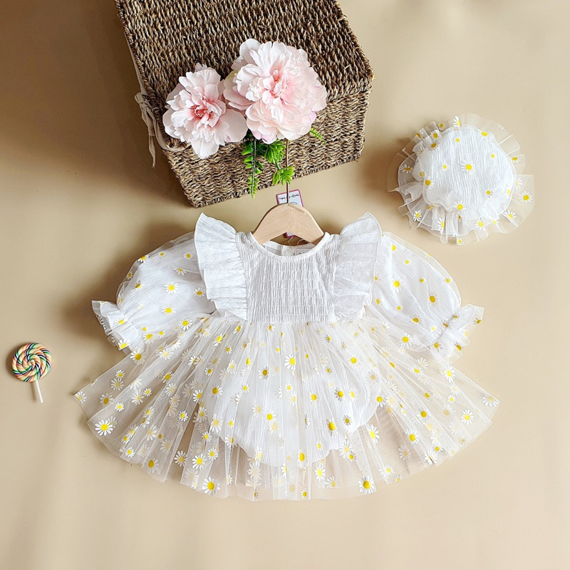 Body Váy Trắng Tay Dài 𝐍𝐇𝐈́𝐌 𝐗𝐔̀ 𝐊𝐈𝐃𝐒 Cho Bé Gái Sơ Sinh, Đầy Tháng, Thôi Nôi Chất Đũi Xốp Mềm Mát A443