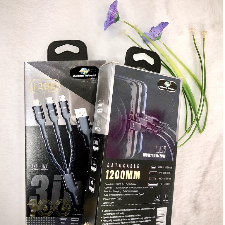 Cáp sạc nhanh 3 in1 100W, Cáp 3in1 USB+ Type C dùng cho điện thoại, laptop, máy tính xách tay ....