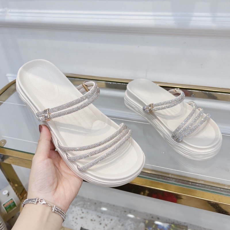 Dép quai hậu dép lê nữ đính đá cao cấp Dép đế bằng đẹp thiết kế thời trang đế cao 4cm