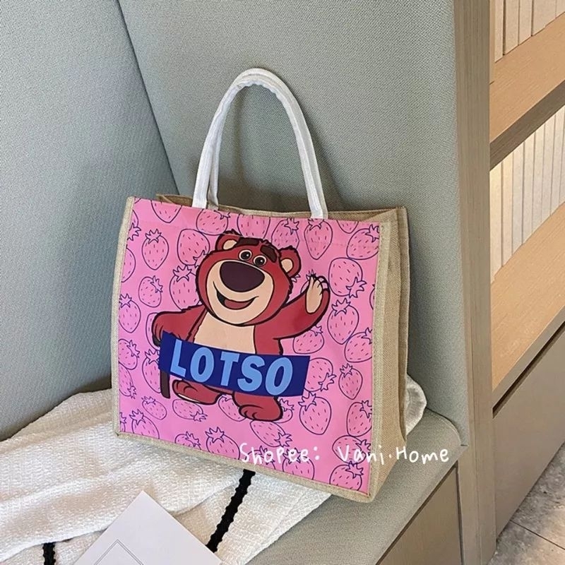 Túi Cói Lotso Gấu Dâu Xinh Xắn Túi Xách Cói Nữ, Túi  Tote Lotso gấu hồng