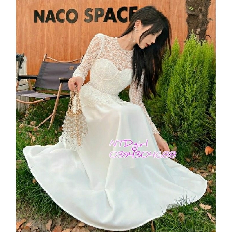 Hàng nhập - Đầm dáng xòe ren trắng maxi tay dài, váy tiểu thư dự tiệc cổ tròn sang trọng