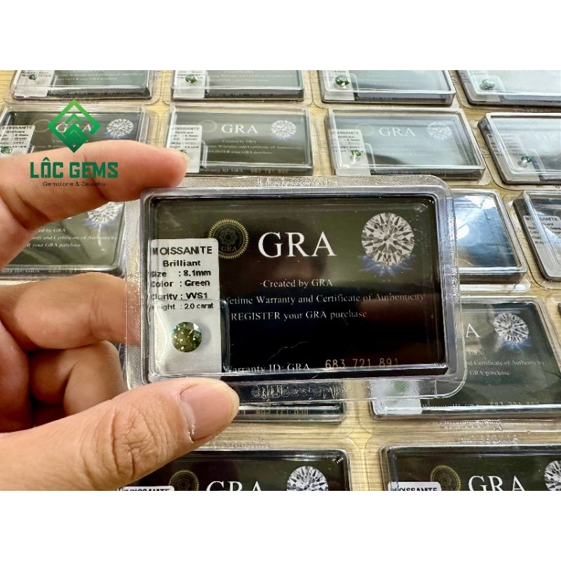 (7.2 - 13.0mm) Kim Cương Moissanite màu Xanh Lá ( Green ), Giấy kiểm định quốc tế GRA, hàng Mỹ USA