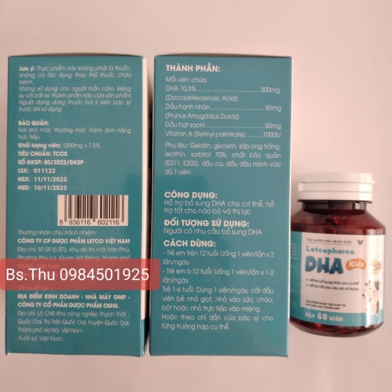 Letcopharco DHA Kids bổ sung Omega 3 DHA giúp bé mắt sáng, thông minh lọ 60 viên cá