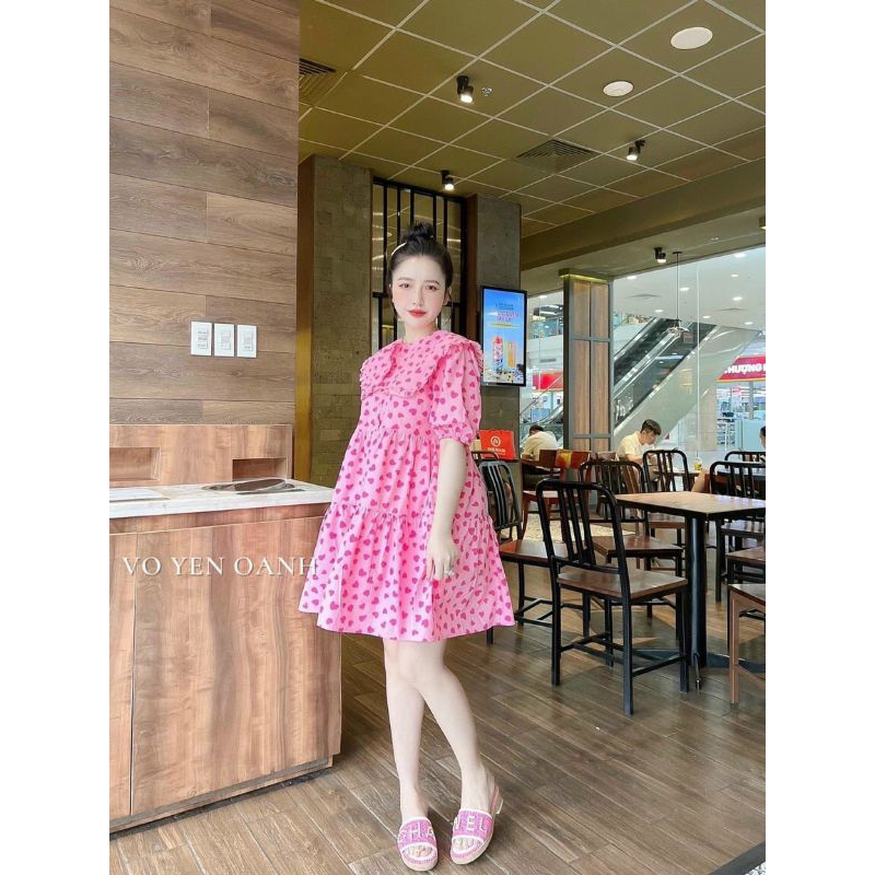 Đầm babydoll họa tiết trái tim cổ sen tay lỡ, đầm bầu dáng xòe tay lỡ cổ sơ mi họa tiết trái tim