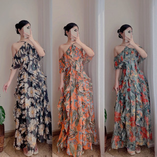 Đầm maxi yếm dập li bèo họa tiết - IN