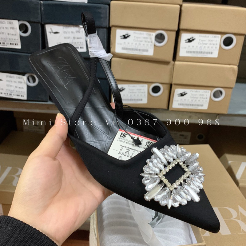 Giày nữ mũi nhọn đính đá sling back ZR xuất full box MS-999/2113 (nên tăng một size)