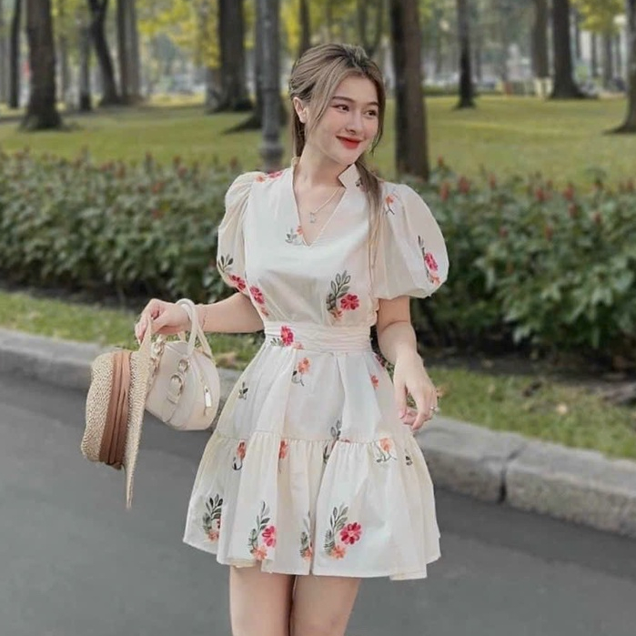 Váy nữ dáng ngắn xinh xắn cổ V tay phồng cột dây eo phối hoa họa tiết đáng yêu DX