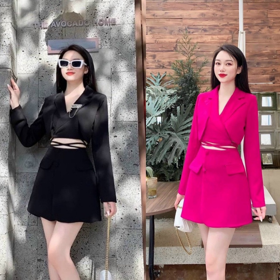 Set đầm váy nữ tay dài cổ V mix cùng dáng váy chữ A khoét eo đan dây chéo sang chảnh dành cho các nàng đi tiệc siêu xinh
