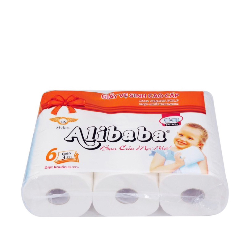 Giấy Vệ Sinh Alibaba Mylan cao cấp 3 lớp có lõi và không lõi (bịch 6 cuộn to)