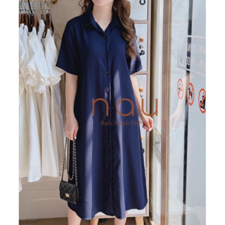 Đầm xanh đen cổ sơ mi phối dây eo