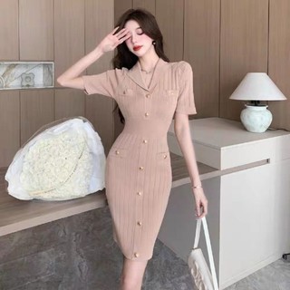 đầm len body cổ Vest