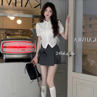 [SET05] [Sẵn hàng] Set áo sơ mi croptop rút eo kèm chân váy phối nơ phong cách Loli Hàn Quốc