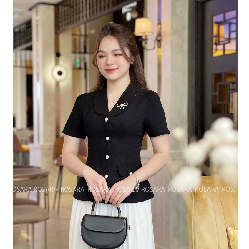 Áo Sơ Mi Peplum Đen Ngắn Tay Kèm Tag Nơ Thời Trang Nữ Rosara SM61