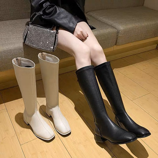 Boots nữ cổ cao dưới đầu gối da mềm lót lông khoá sau đế cao 4cm