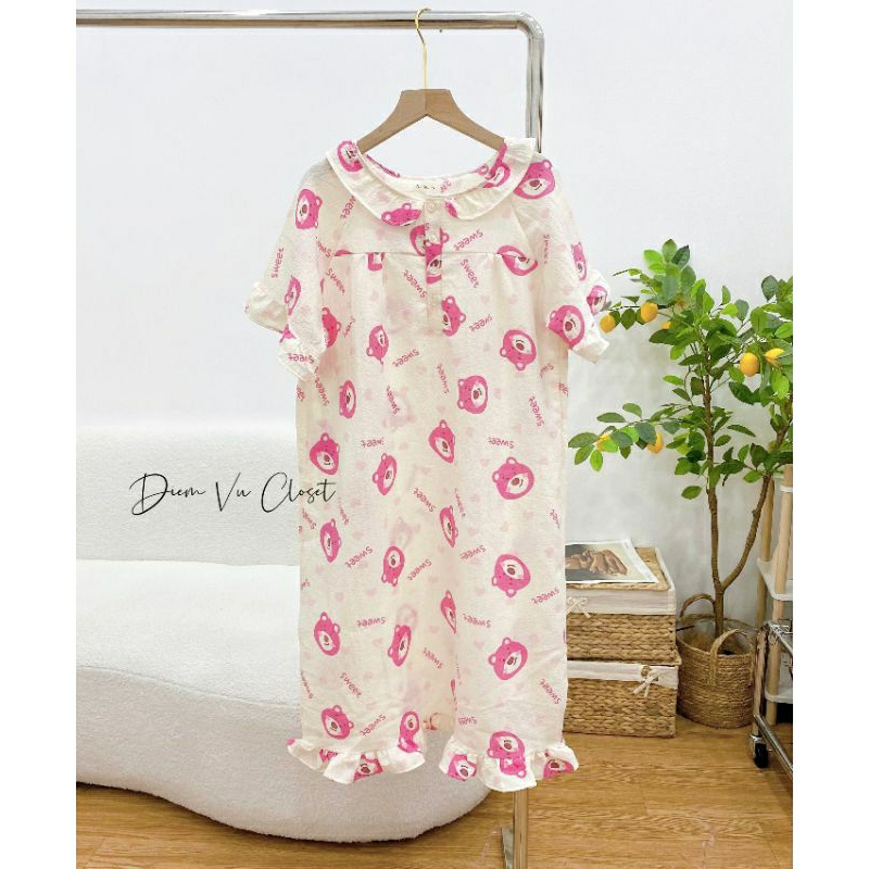[Hình Thật] Đầm ngủ nữ chất đũi xốp/ đũi gân viền bèo tiều thư hoạ tiết cute | BigBuy360 - bigbuy360.vn