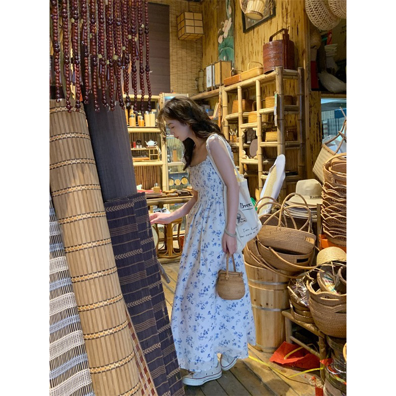 Váy Hoa Nhí 2 Dây, Đầm Nữ Dáng Dài Qua Gối Chiết Eo Nhún Ngực,Váy Thiết Kế Kiểu Hàn Quốc,Váy Đi Biển Mùa Hè