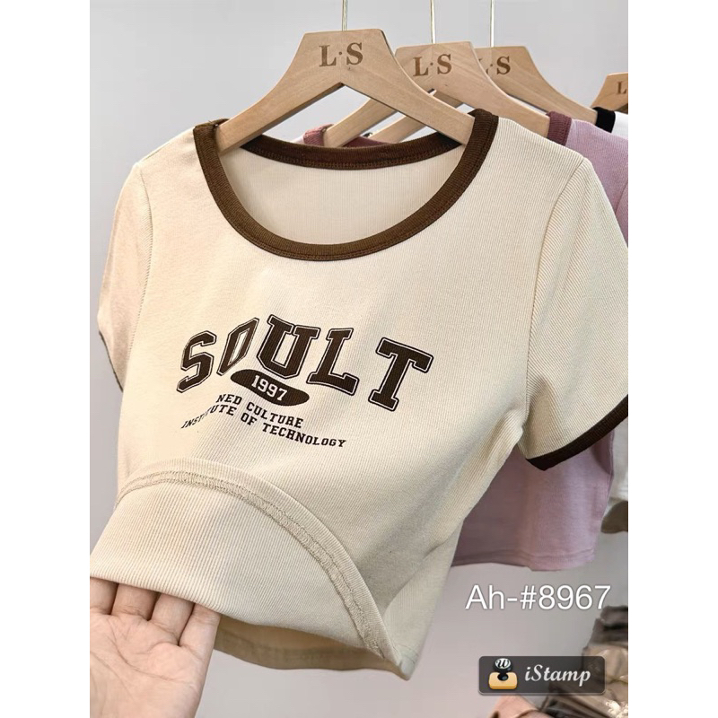 [Ảnh thật/Video] Áo cộc tay croptop in chữ SOULT cổ viền