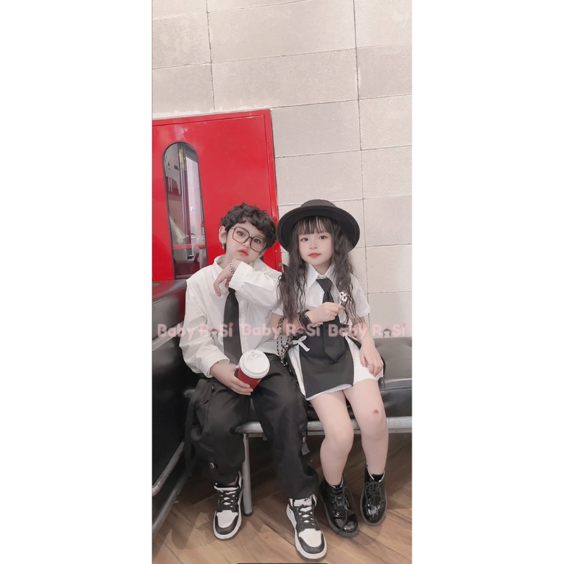 Sét sơ mi cà vạt kèm chân váy phối xếp ly cho bé gái