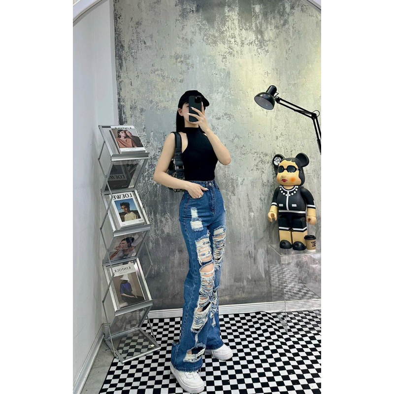 QUẦN DÀI JEANS LOA XUÔNG ỐNG RỘNG ĐẠP LAI RÁCH TE TUA