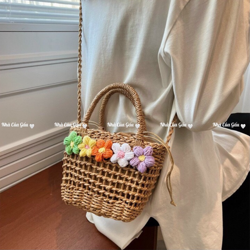 Set nón cói, túi cói hoa xinh xỉu