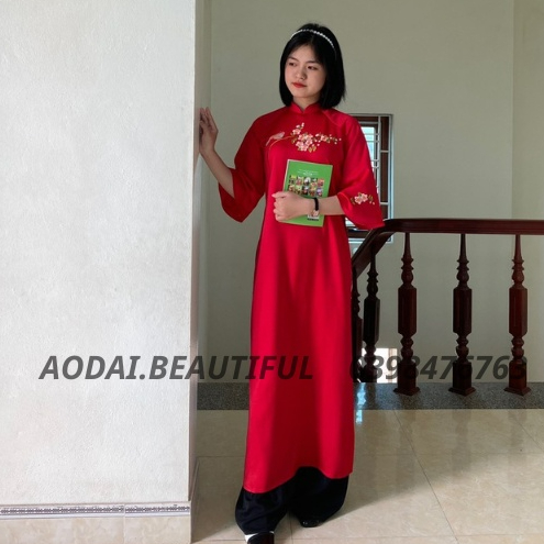 Áo dài cách tần xuông thêu chim hoa ,áo dài "NỮ NHI" tay lỡ màu đỏ tươi xinh xỉu luôn -THAO.AODAI