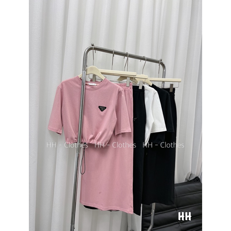 SET PRA DA 2 MÓN GỒM ÁO CROPTOP RÚT DÂY MIX CHÂN VÁY MIDI DÁNG DÀI CHẤT COTTON KHÔ XỊN ĐẸP CHO NỮ.